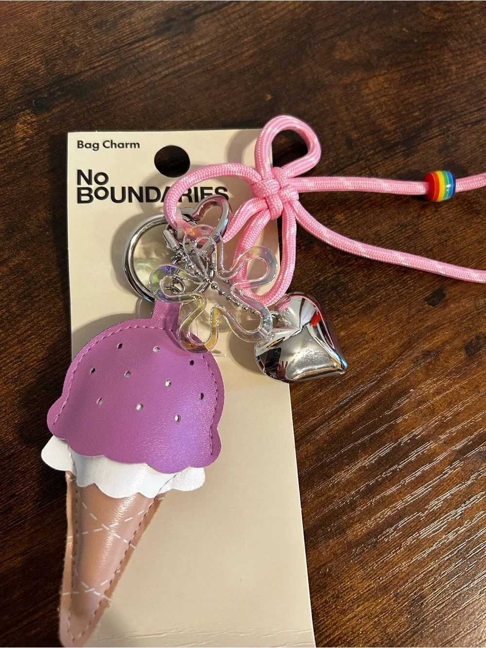No Boundaries Pink Ice Cream Cone Bag Charm with Tan Cone